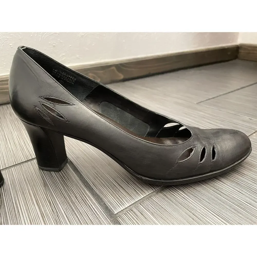 Etienne Aigner Ville Vintage Black Leather Pumps Cutout Design Block Heel 10M - Picture 13 of 16